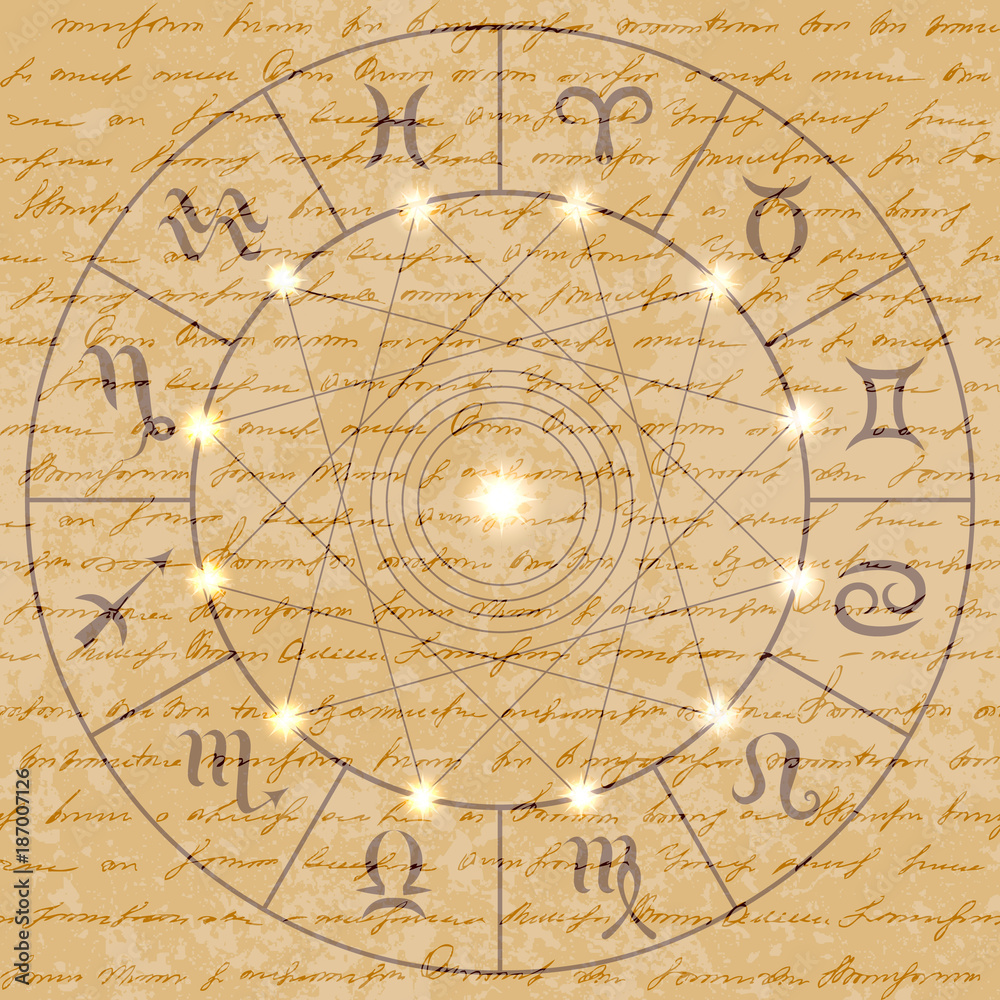 Magic circle with zodiacs sign on retro grunge background.