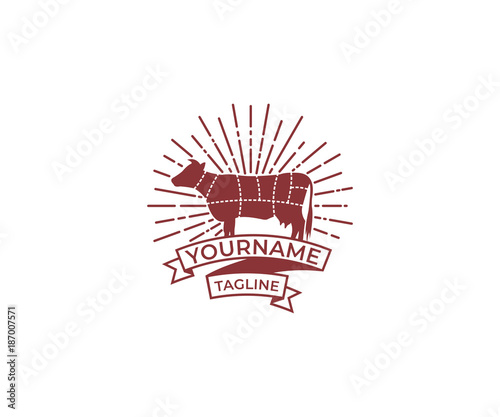 Cow Silhouette and Diagram for Butcher Shop Vintage Logo Template. Cattle Vector Design. Livestock Illustration