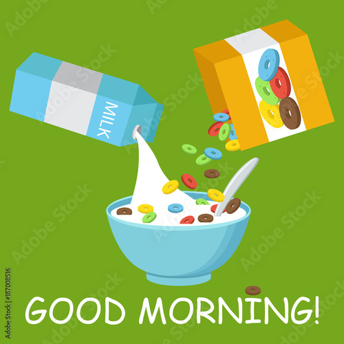 Cereal bowl with milk, smoothie isolated on white background. Concept of healthy and wholesome breakfast. Vector illustration