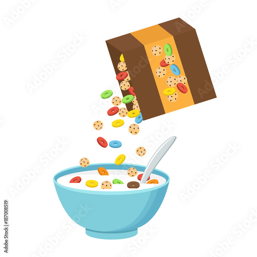 Cereal bowl with milk, smoothie isolated on white background. Concept of healthy and wholesome breakfast. Vector illustration