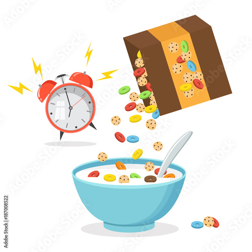Cereal bowl with milk, smoothie isolated on white background. Concept of healthy and wholesome breakfast. Vector illustration