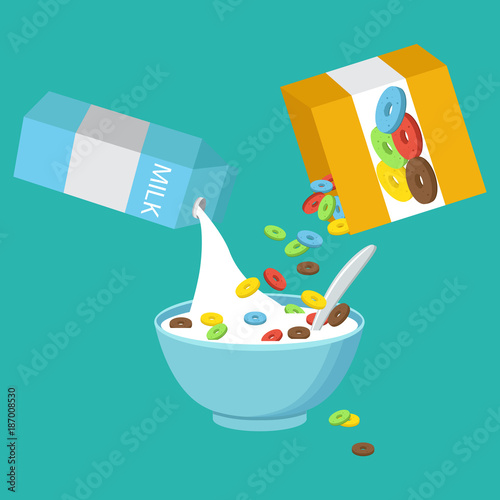 Cereal bowl with milk, smoothie isolated on white background. Concept of healthy and wholesome breakfast. Vector illustration