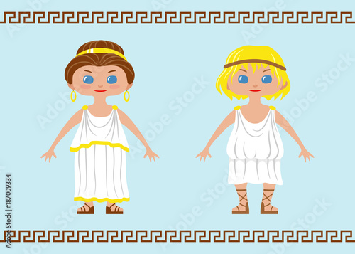 Two characters in chibi style wearing traditional ancient Greek costumes