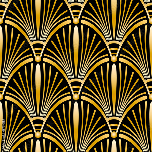 Seamless golden Art Deco pattern with abstract shells. Vector fashion backdrop in vintage style