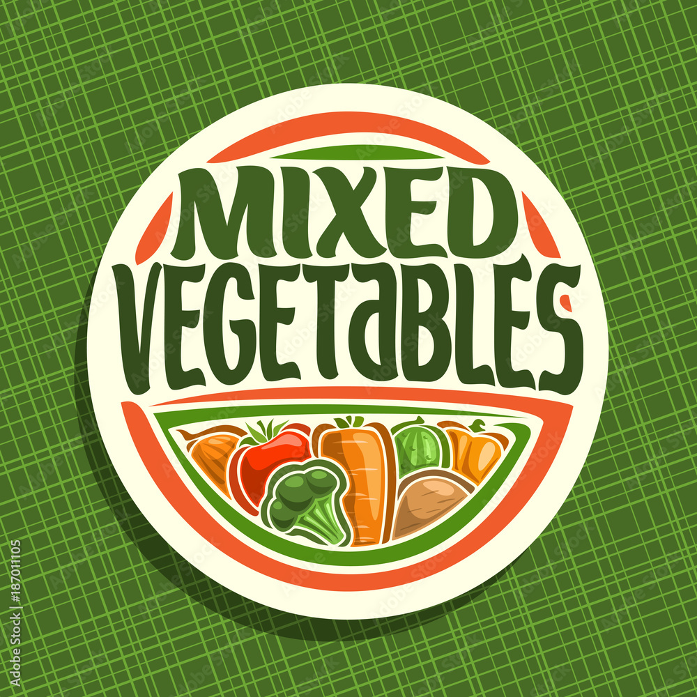 Φωτογραφία Vector logo for Vegetables, sign with set of onion, ripe tomato, carrot tuber, green cauliflower, raw potato for vegetable summer salad, veg mix label with title text mixed vegetables for vegan store