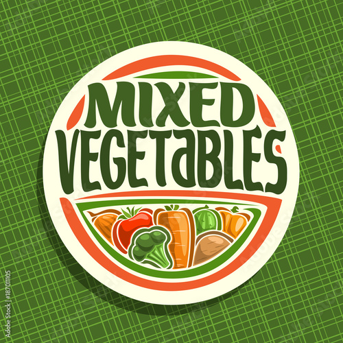 Vector logo for Vegetables, sign with set of onion, ripe tomato, carrot tuber, green cauliflower, raw potato for vegetable summer salad, veg mix label with title text mixed vegetables for vegan store.