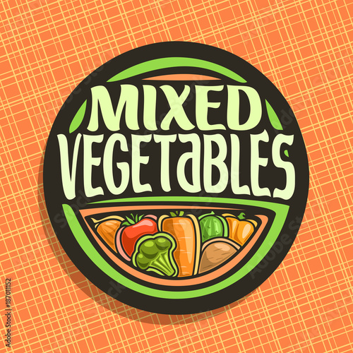 Vector logo for Vegetables, sign with set of onion, ripe tomato, carrot tuber, green cauliflower, raw potato for vegetable summer salad, veg mix label with title text mixed vegetables for vegan store.