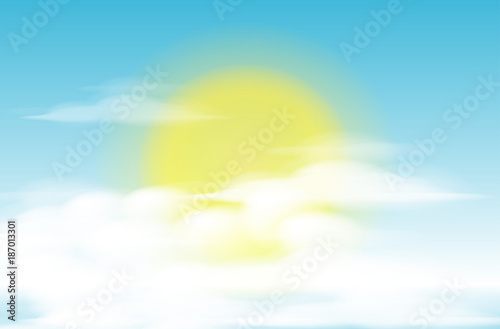 Daytime sky background with full moon, clouds and sun. sunlight morning. Vector