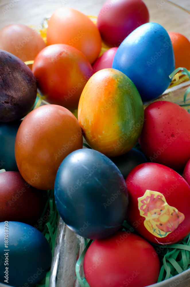 colorful Easter eggs in basket isolated, close up top view colorful Easter eggs in basket isolated, close up top view