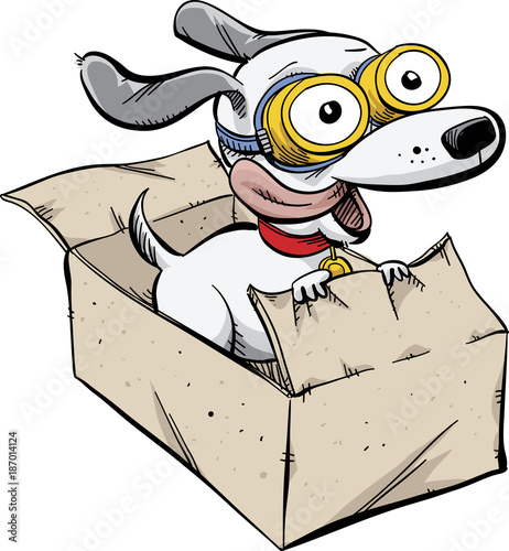 A cartoon dog wearing flight goggles, riding in a fast moving cardboard box.