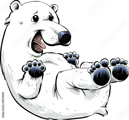 A happy, cartoon polar bear rolling on its back.