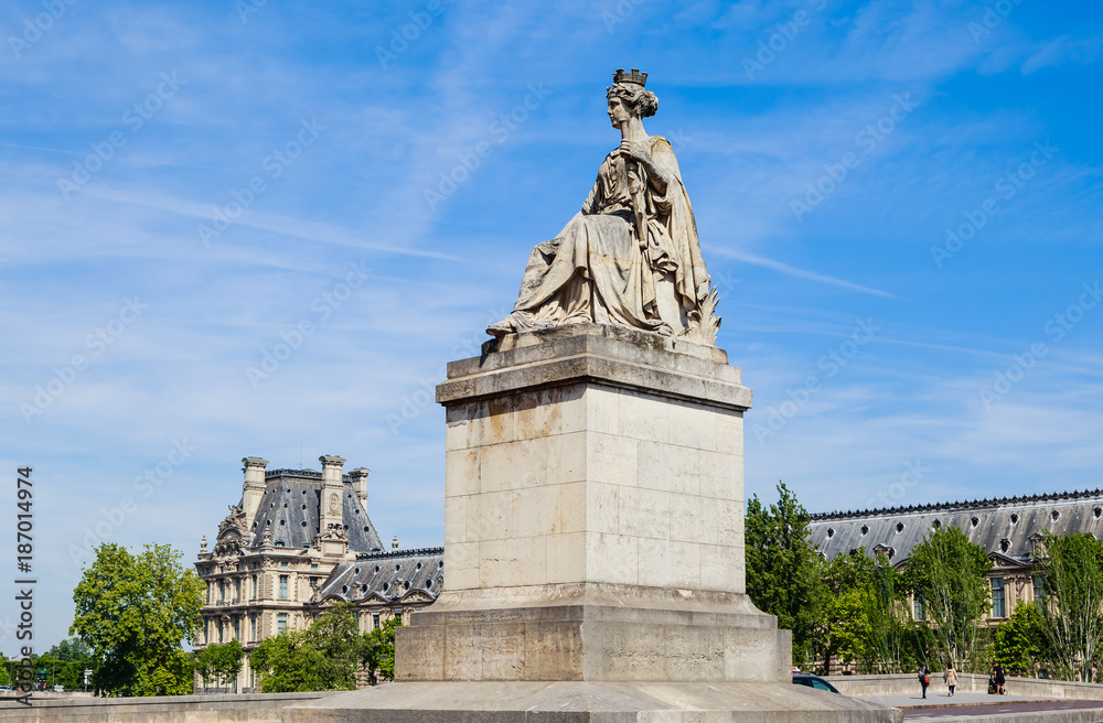 Paris, France - Seine Statue (Louis Petitot) on Pont du Carrousel (Carrousel Bridge)