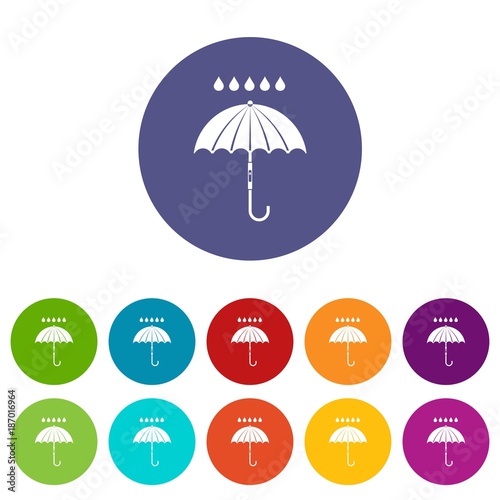 Umbrella and rain drops set icons