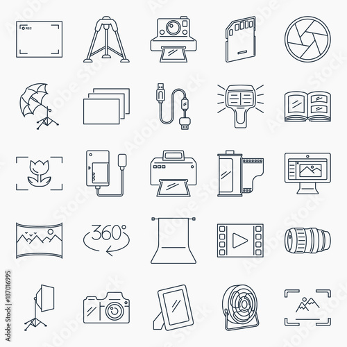 Photography icons set. Collection of photography equipment outline icons
