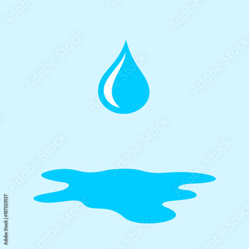 Drop and droplet is falling during rain. Puddle of water on the ground. Vector illustration