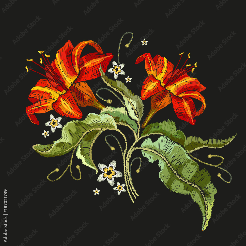Embroidered Lilies Fashion Design Vector Flowers Stock Vector