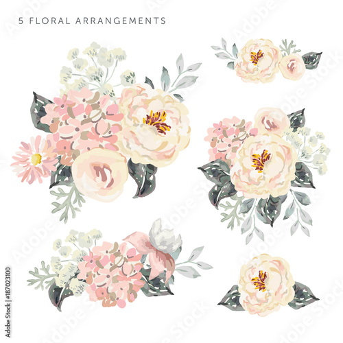Set of the floral arrangements. Pale pink peonies and hydrangea with gray leaves. Watercolor vector romantic garden flowers.