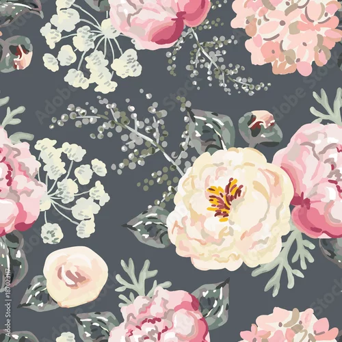 Tapety Różowe piwonie z szarymi liśćmi na czarnym tle. Akwarela wektor wzór. Ilustracja romantyczne kwiaty ogrodowe.