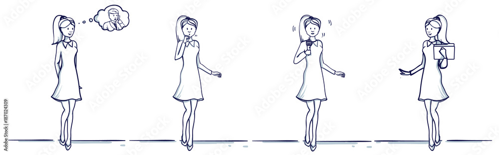 Set of business woman cartoon illustration. Stands scenes: She is happy, remembers the man, coughs, fell ill, holds a folder, with a microphone, sings or speaks.Hand drawn doodle vector illustration.. Set of business woman cartoon illustration. Stands scenes: She is happy, remembers the man, coughs, fell ill, holds a folder, with a microphone, sings or speaks.Hand drawn doodle vector illustration..