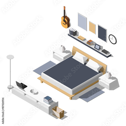 Isometric interior, room of house, cutaway icon. light bedroom. Home furniture. bed, books, lamps. Vector illustration