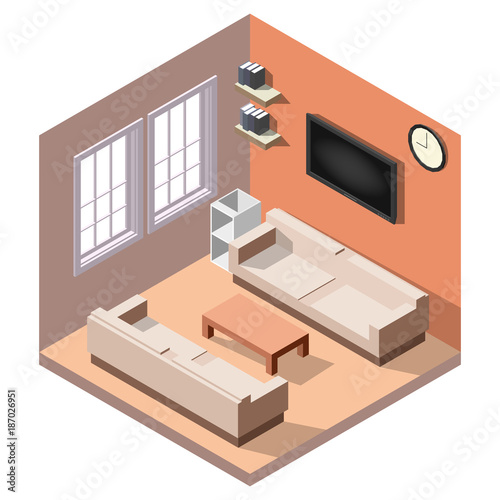 Isometric interior, room of a house, cutaway icon. Business lounge. Couch, table, tv, windows, books. Vector illustration © hiten666