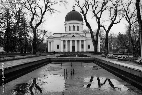 The street after the rain in Chisinau the capital of Moldova Republic.  Architecture and buildings, Avenue of Stephen the Great