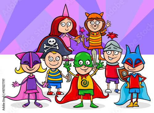 kids group at mask ball cartoon illustration
