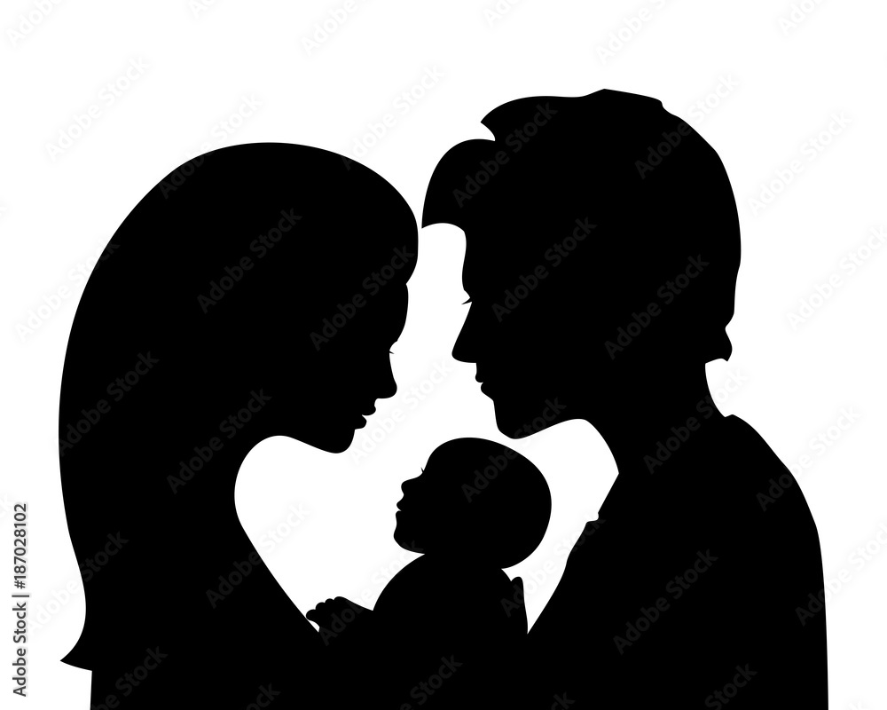 Family silhouettes: mother and father holding newborn baby