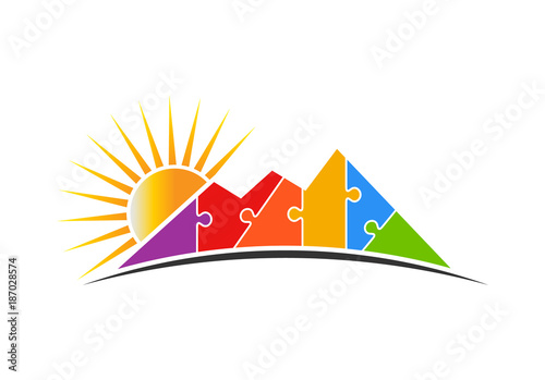 Mountain Puzzle with Sun Logo Vector Illustration