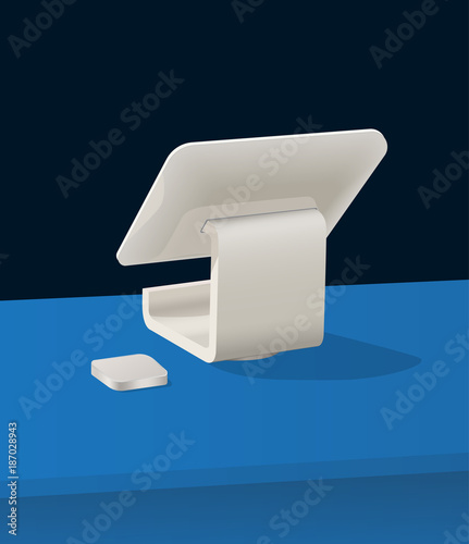 Realistic cash register with touchscreen monitor. Terminal reader for mobile contactless payment. Wireless reader for card, mobile, smartphone, smartwatch payments. Vector.