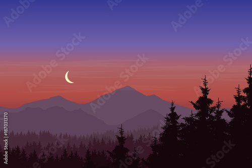 Vector illustration of mountain landscape with forest under blue-pink sky