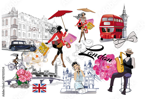 Set of London illustrations with fashion girls, cafes and musicians. Vector illustration.