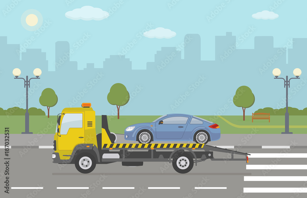 Blue sports car on tow truck, on city background. Vector illustration. 
