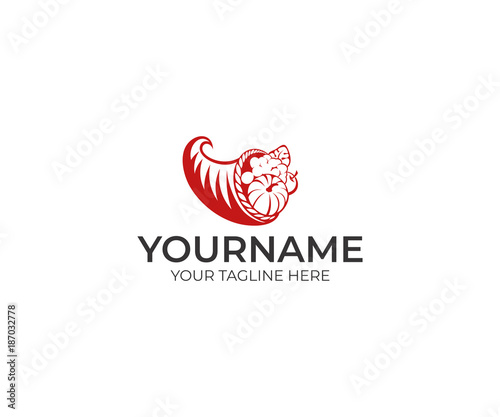 Cornucopia Logo Template. Horn of Plenty Vector Design. Food of Fruits and Vegetables Illustration