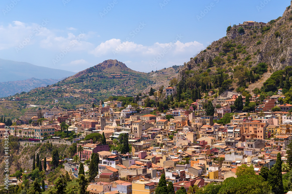 Taormina, Sicily, Italy. The historical center of the city on the slope of the mountain