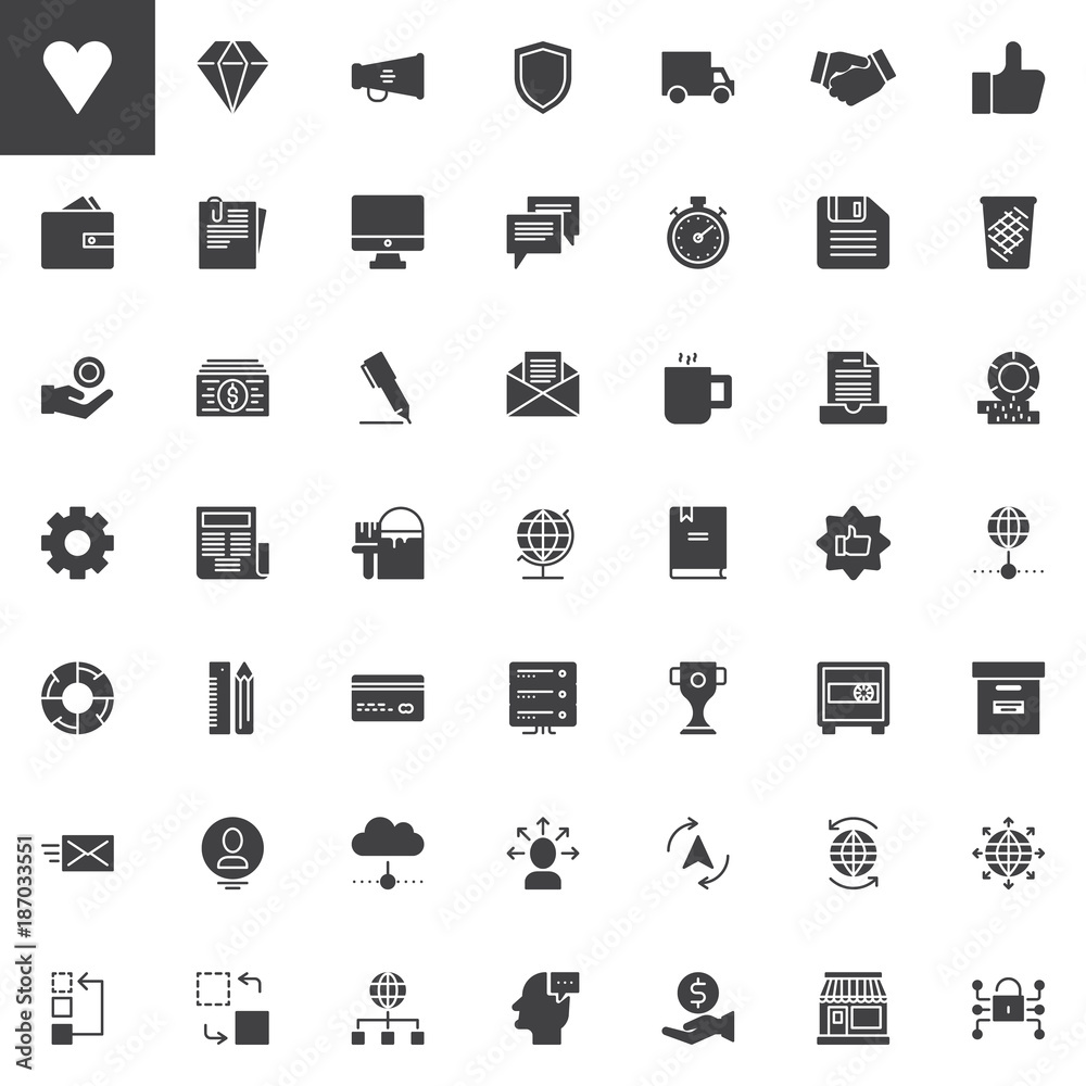 Universal business vector icons set, modern solid symbol collection, filled style pictogram pack. Signs, logo illustration. Set includes icons as megaphone, shield, money, newspaper, trophy, wallet