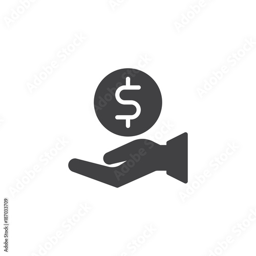 Hand holding dollar coin icon vector  filled flat sign  solid pictogram isolated on white. Save money symbol  logo illustration.