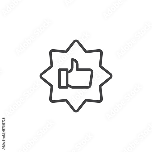 Badge with thumbs up line icon, outline vector sign, linear style pictogram isolated on white. Guarantee quality symbol, logo illustration. Editable stroke
