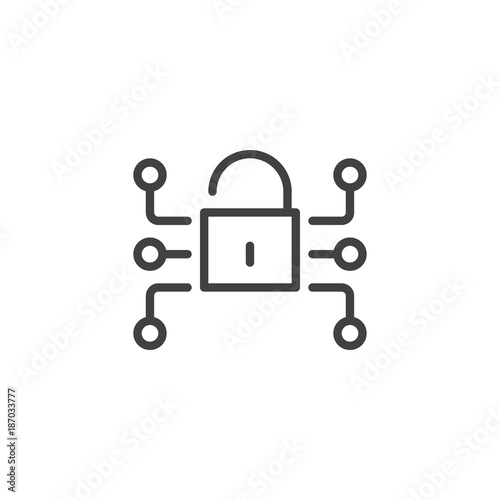 Lock media network data protection line icon, outline vector sign, linear style pictogram isolated on white. Cryptography, Cyber security symbol, logo illustration. Editable stroke