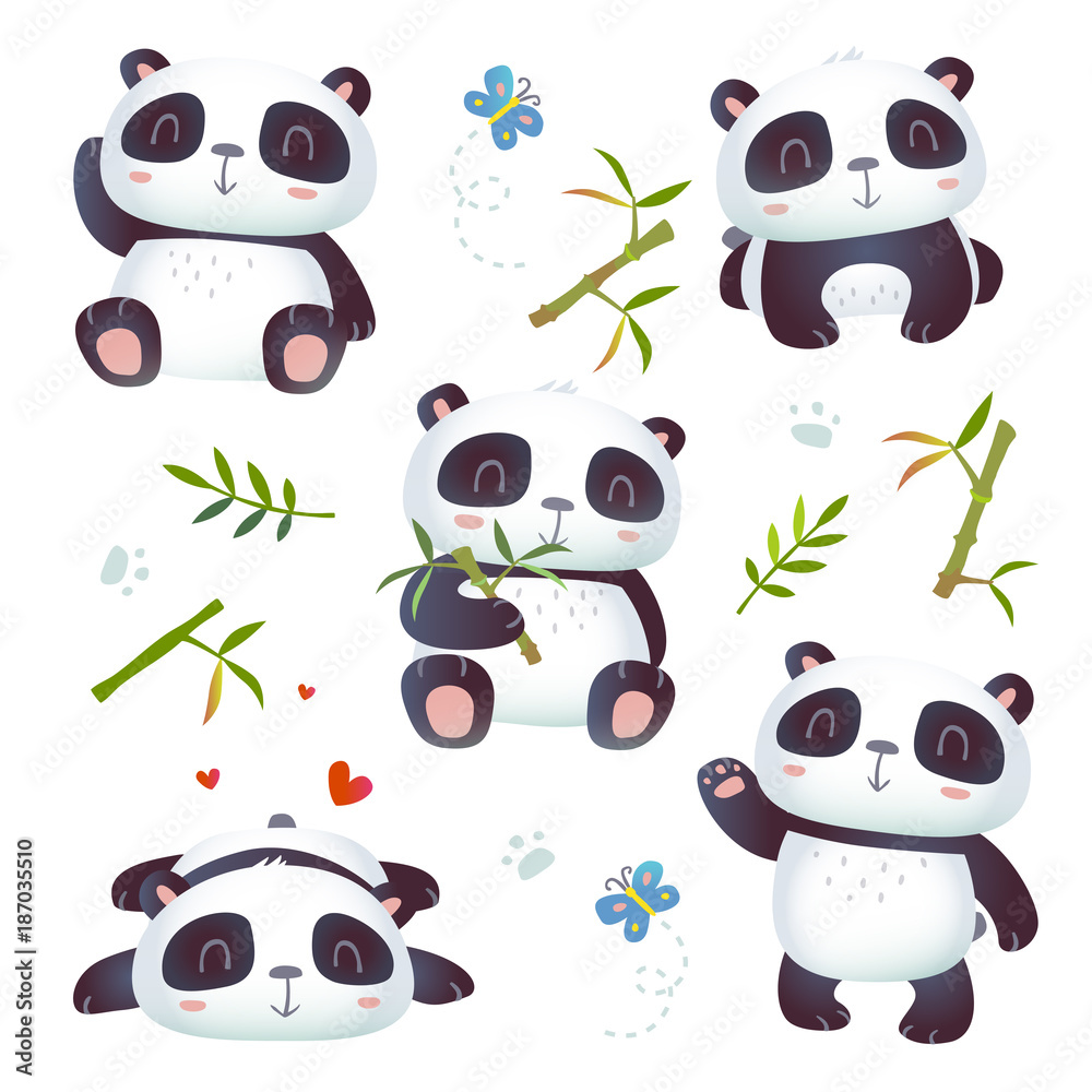 Obraz premium wektor kreskówka styl 3d efekt kawaii ładny zestaw panda