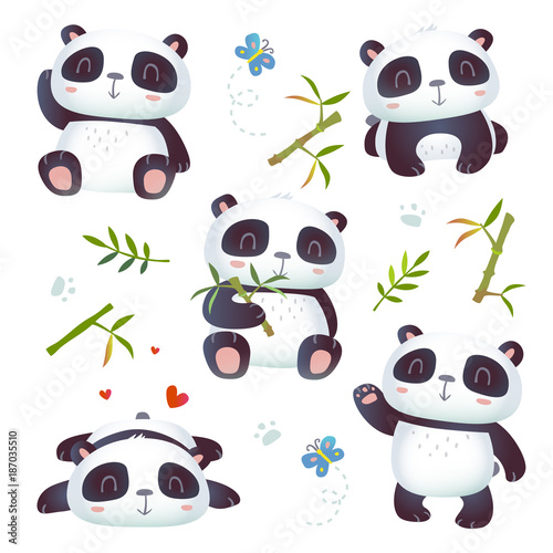 Fototapeta Naklejka Na Ścianę i Meble -  vector cartoon style 3d effect kawaii cute panda set