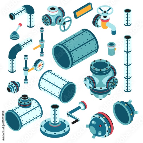 Industrial steampunk spare parts for assembling apparatus, machine - pipe, flange, fitting, body, valve, splitter, lever, handle and so on. 3d isometric vector illustration.
