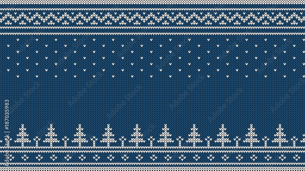 Knitted sweater ornament - spruce, falling snow, national patterns. White on a blue background.