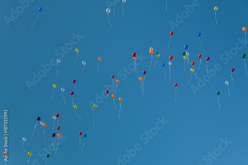 Colorful party balloons floating in the sky