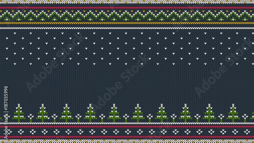 Knitted Scandinavian colored horizontal ornament with Christmas trees in the snow