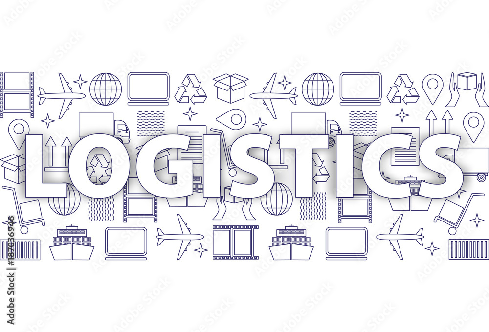 Global logistics network concept. Pattern of thin line icons logistics in blue. Flat design.  Vector illustration EPS10. 