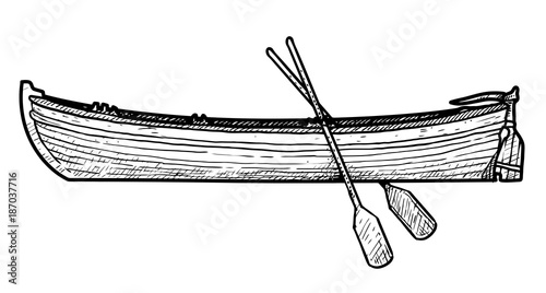 Boat illustration, drawing, engraving, ink, line art, vector