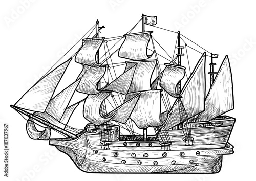 Old sailing boat illustration, drawing, engraving, ink, line art, vector