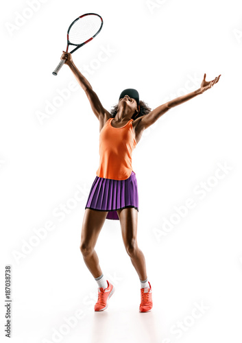 Tennis player celebrates a win. Photo of young african girl holding racket and gesturing in silhouette isolated on white background.