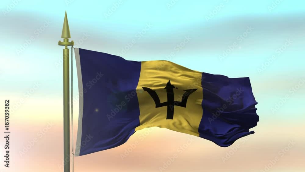 National Flag of Barbados waving in the wind against the sunset sky background slow motion Seamless Loop Animation